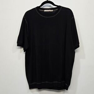 Mens XL Silk Cotton Black Knit Shirt Short Sleeve Contrast Stitch Quiet Luxury